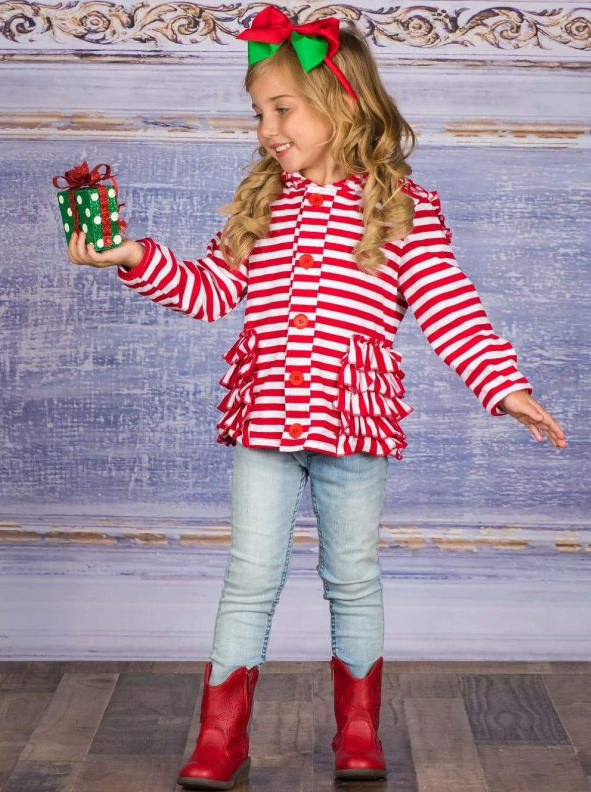 Cozy Winter Sweaters | Girls Red & White Stripe Ruffle Hoodie Cardigan