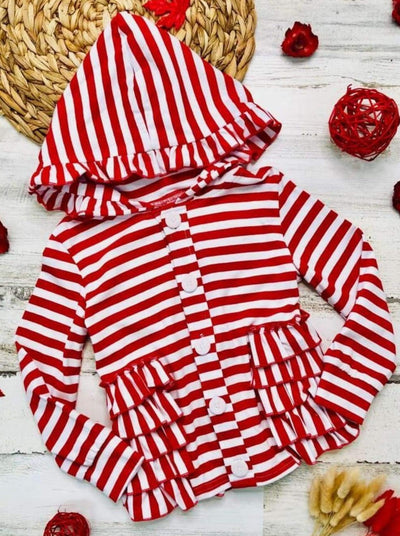Cozy Winter Sweaters | Girls Red & White Stripe Ruffle Hoodie Cardigan