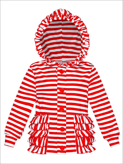 Cozy Winter Sweaters | Girls Red & White Stripe Ruffle Hoodie Cardigan