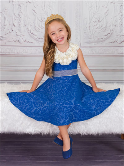 Girls Royal Blue Pearl Collar Fancy Skater Twirl Dress - Girls Fall Dress