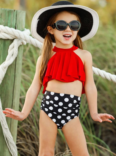 Two-Piece Girls Swimsuits | Girls Ruffle High Waist Tankini Swimsuit
