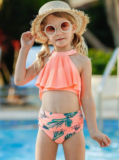 Kids Tropical Swimsuits | Girls Ruffle Halter Top Two Piece Swimsuit