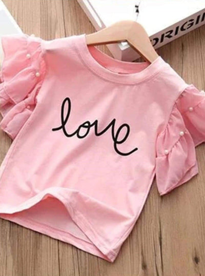 Girls Ruffle Sleeve Love Graphic Tee & Denim Heart Shorts Set ( 2 Color Options) - Girls Spring Casual Set