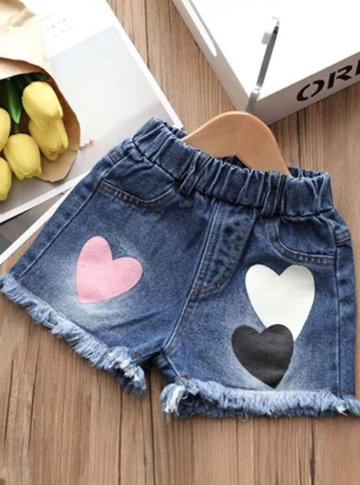 Girls Ruffle Sleeve Love Graphic Tee & Denim Heart Shorts Set ( 2 Color Options) - Girls Spring Casual Set