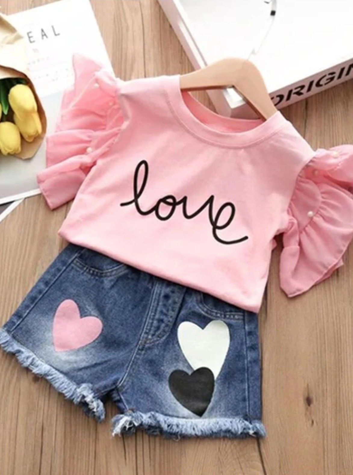Girls Ruffle Sleeve Love Graphic Tee & Denim Heart Shorts Set ( 2 Color Options) - Pink / 3T - Girls Spring Casual Set