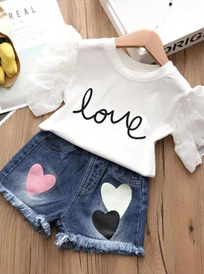 Girls Ruffle Sleeve Love Graphic Tee & Denim Heart Shorts Set ( 2 Color Options) - White / 3T - Girls Spring Casual Set