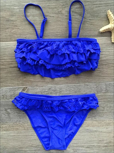 Girls Ruffled Bandeau Skirted Two Piece Swimsuit - Blue / 7Y - Girls Two Piece Swimsuit