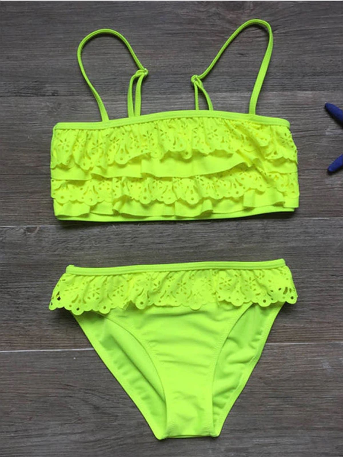 Girls Ruffled Bandeau Skirted Two Piece Swimsuit - Green / 7Y - Girls Two Piece Swimsuit