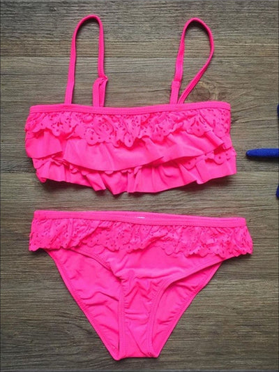 Girls Ruffled Bandeau Skirted Two Piece Swimsuit - Pink / 7Y - Girls Two Piece Swimsuit