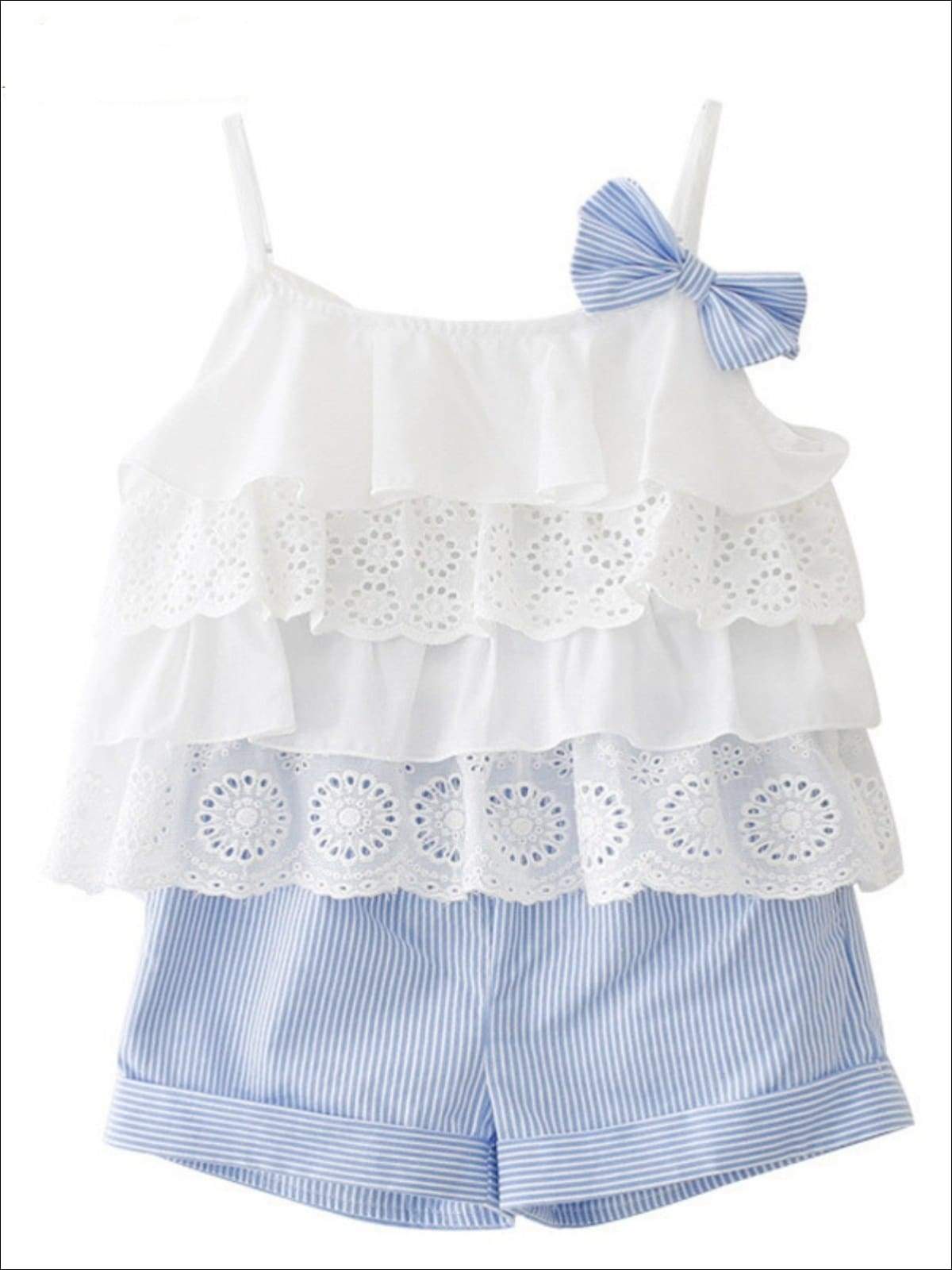 Girls Spring Outfits | Tiered Eyelet Ruffle Top & Pinstripe Shorts Set