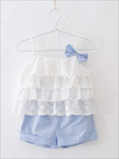 Girls Spring Outfits | Tiered Eyelet Ruffle Top & Pinstripe Shorts Set