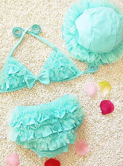 Girls Ruffled Mesh Two Piece Swimsuit With Beach Hat - Blue / 2T - Girls Two Piece Swimsuit