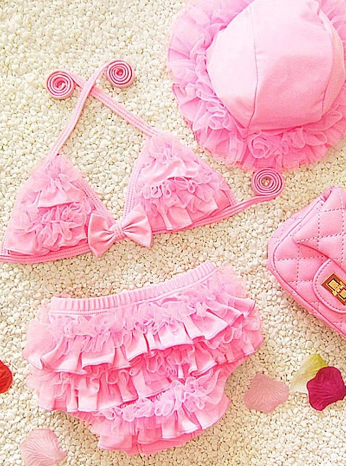 Girls Ruffled Mesh Two Piece Swimsuit With Beach Hat - Pink / 2T - Girls Two Piece Swimsuit