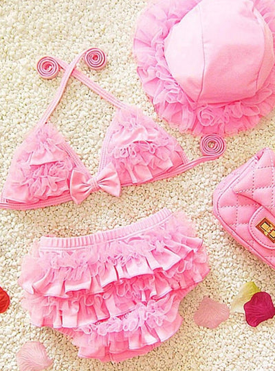 Girls Ruffled Mesh Two Piece Swimsuit With Beach Hat - Pink / 2T - Girls Two Piece Swimsuit