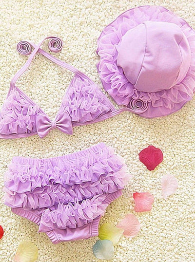 Girls Ruffled Mesh Two Piece Swimsuit With Beach Hat - Purple / 2T - Girls Two Piece Swimsuit
