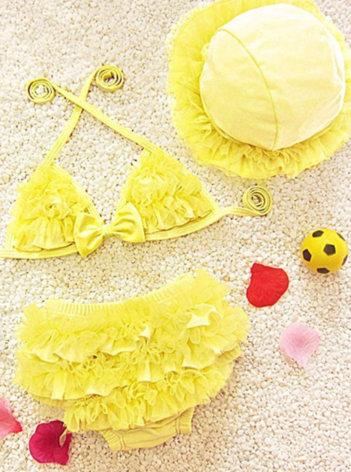 Girls Ruffled Mesh Two Piece Swimsuit With Beach Hat - Yellow / 2T - Girls Two Piece Swimsuit