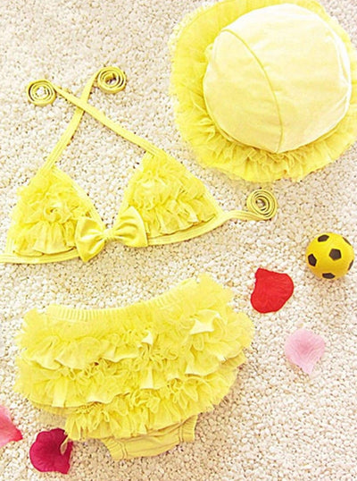 Girls Ruffled Mesh Two Piece Swimsuit With Beach Hat - Yellow / 2T - Girls Two Piece Swimsuit