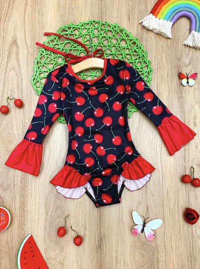 Girls Ruffled Plunge Back Rash Guard One Piece Swimsuit - Black / 2T/3T - Girls One Piece Swimsuit