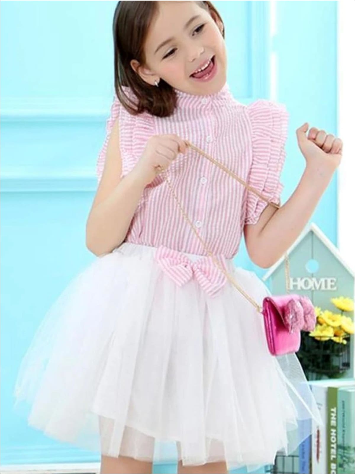 Spring Outfits | Girls Striped Button Down Top & White Tutu Skirt Set