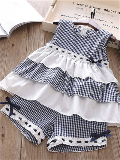 Girls Ruffled Tiered Lace Trimmed Tunic & Shorts Set - Navy / 2T/3T - Girls Spring Casual Set