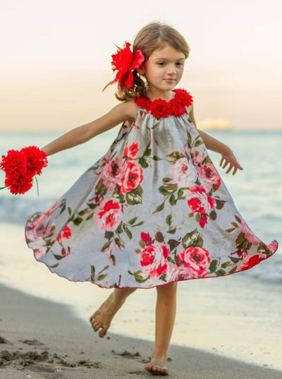 Girls Satin Hi-Lo Circle Neck Twirl Dress with Flower Trim - Grey / 2T/3T - Girls Spring Dressy Dress