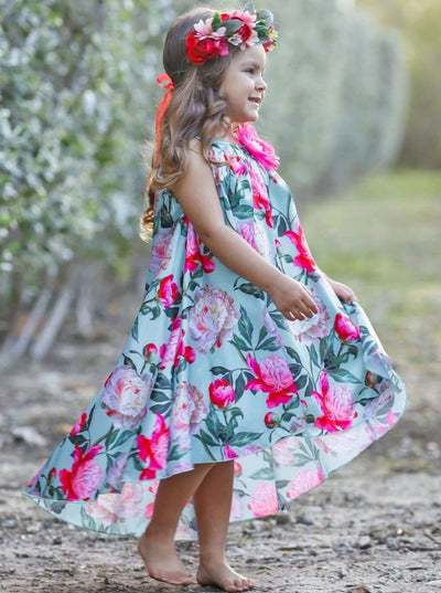 Girls Spring sleeveless satin hi-lo dress features an all-over floral print and flower applique - Mint / 2T/3T - Girls Spring Dressy Dress