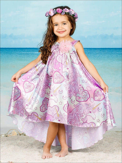 Girls Satin Hi-Lo Circle Neck Twirl Dress with Flower Trim - Purple / 2T/3T - Girls Spring Dressy Dress
