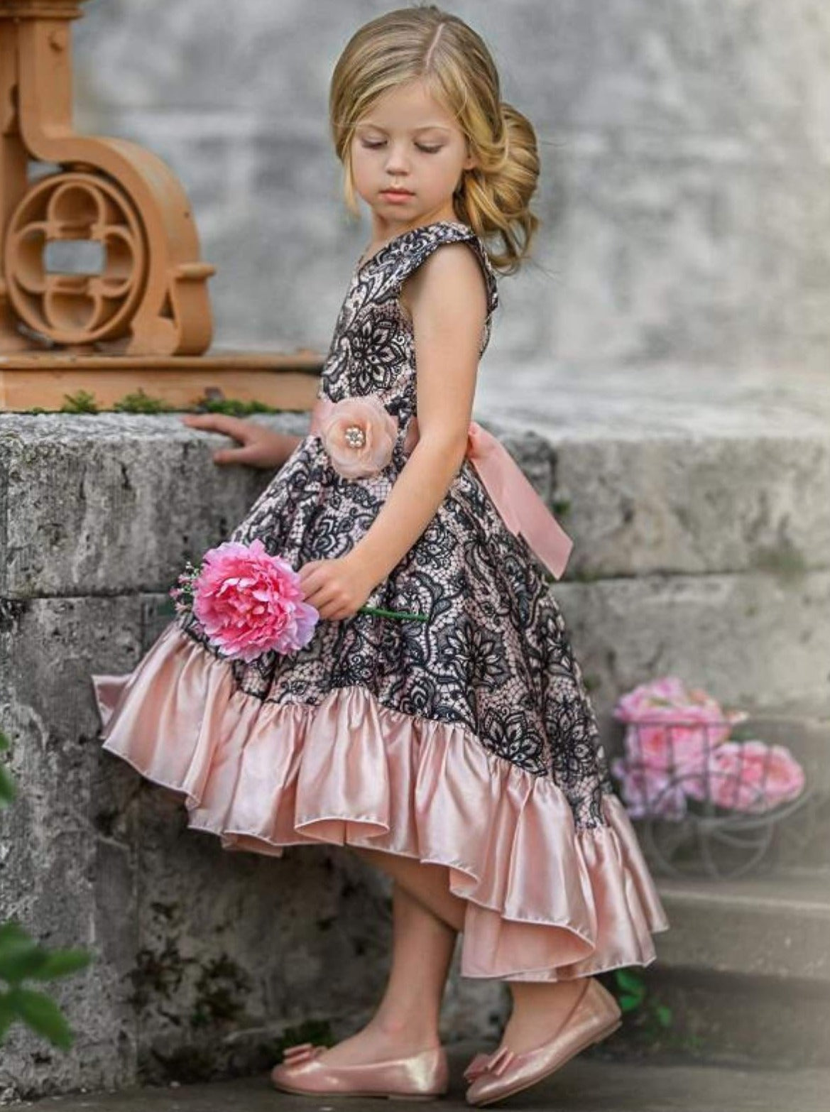 Girls Satin Printed Flutter Sleeve V-Neck Hi-Lo Dress with Ruffled Hem - Girls Fall Dressy Dress