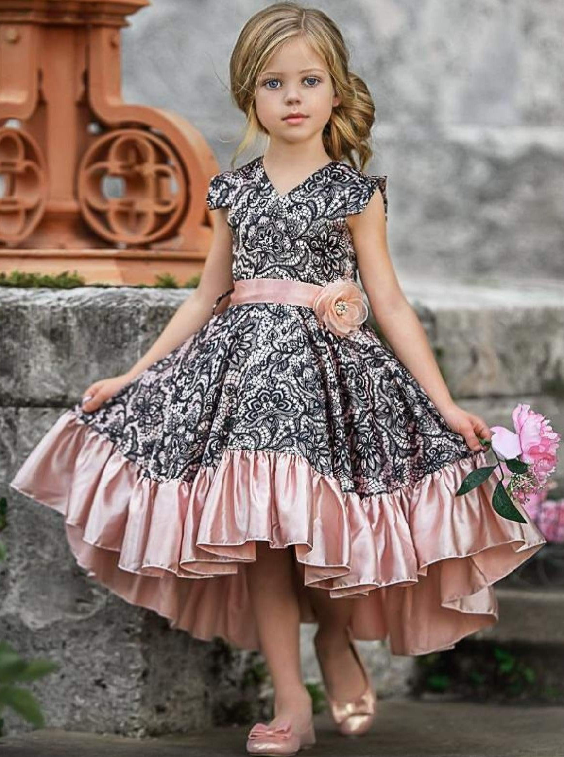Girls Satin Printed Flutter Sleeve V-Neck Hi-Lo Dress with Ruffled Hem - Girls Fall Dressy Dress