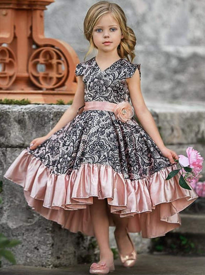 Girls Satin Printed Flutter Sleeve V-Neck Hi-Lo Dress with Ruffled Hem - Girls Fall Dressy Dress