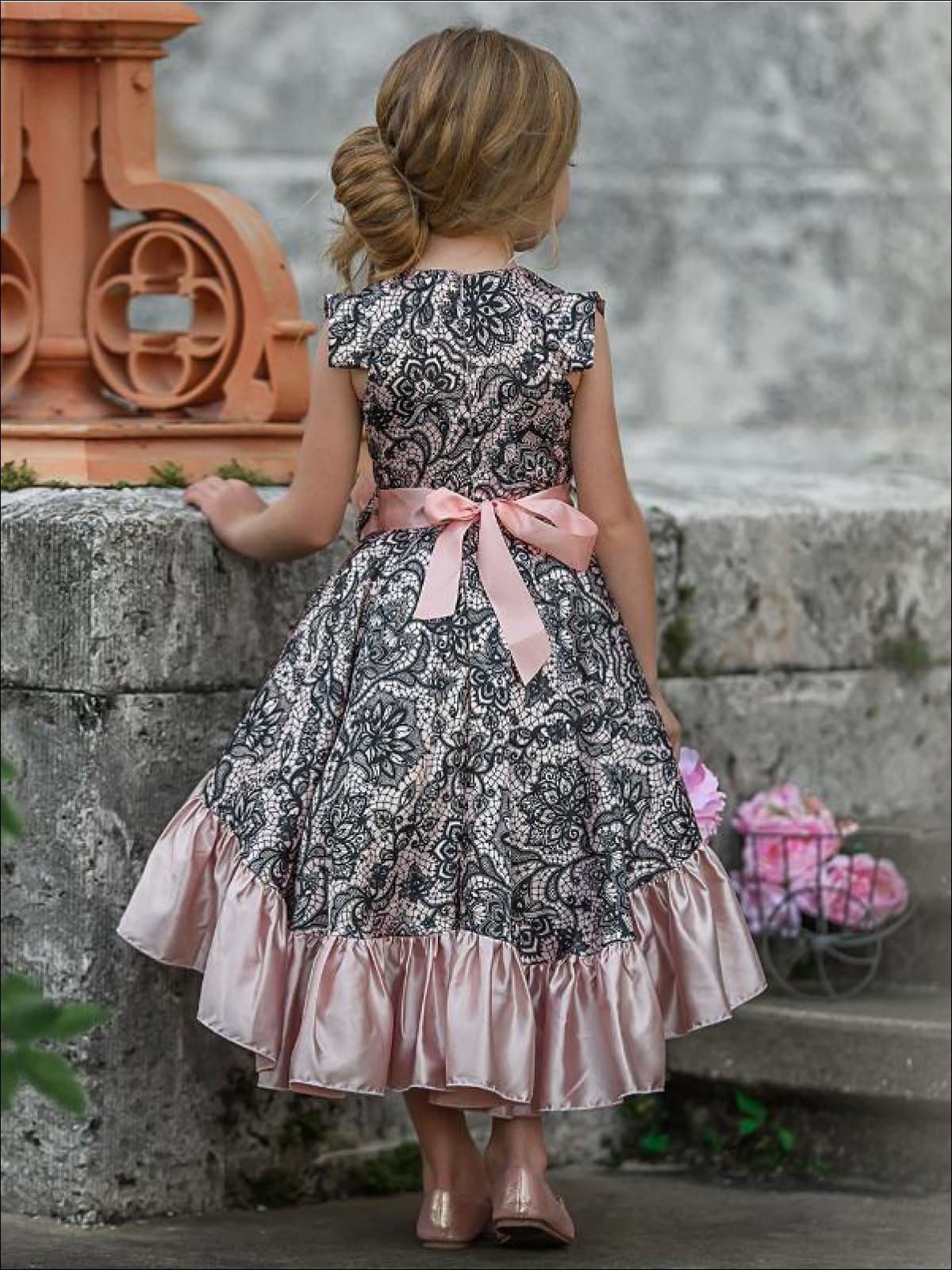 Girls Satin Printed Flutter Sleeve V-Neck Hi-Lo Dress with Ruffled Hem - Girls Fall Dressy Dress
