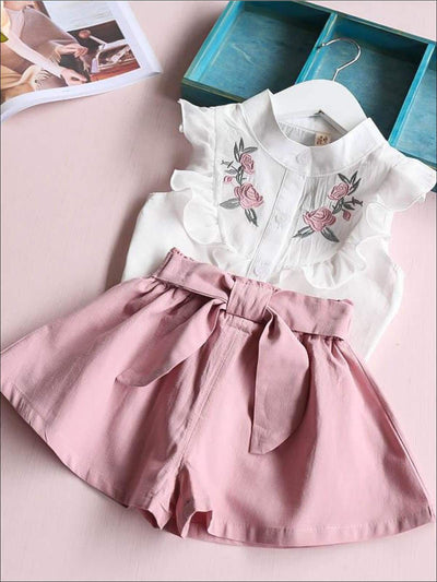 Girls Short Sleeve Floral Embroidered Top & Bow Tie Short Set - Girls Spring Casual Set