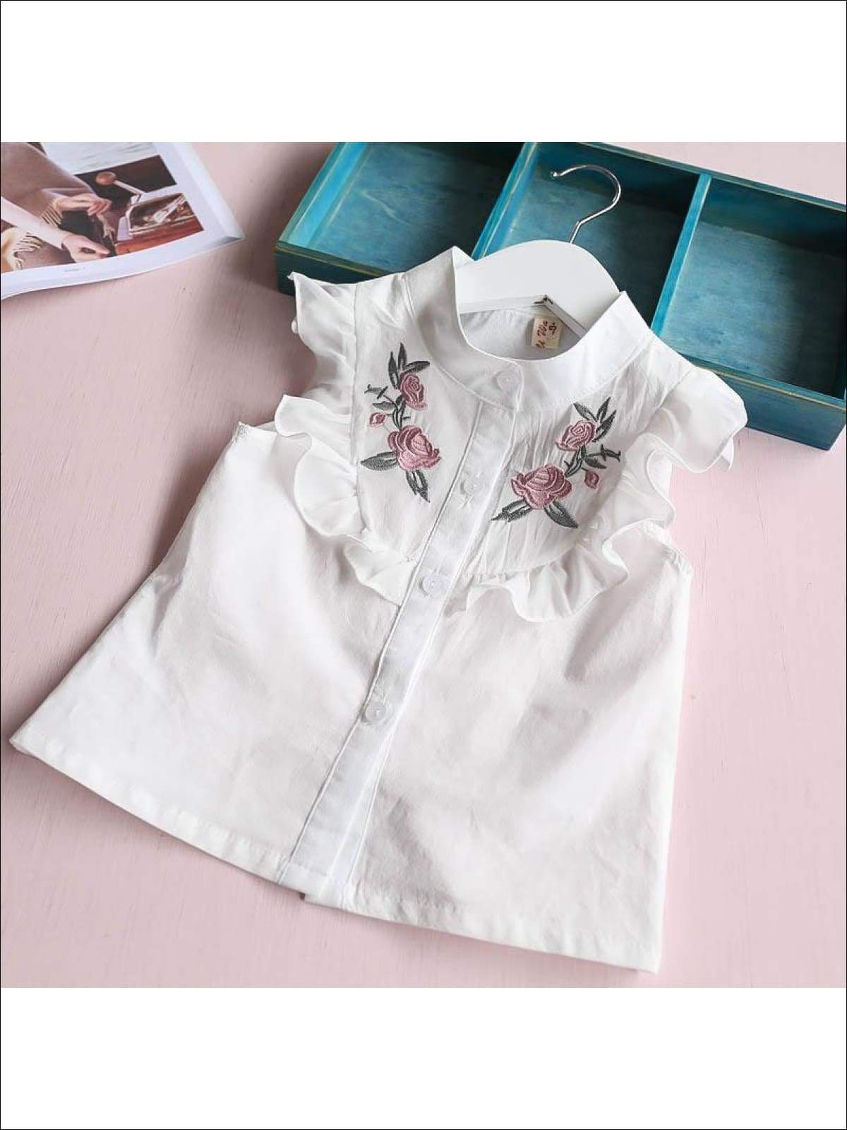 Girls Short Sleeve Floral Embroidered Top & Bow Tie Short Set - Girls Spring Casual Set