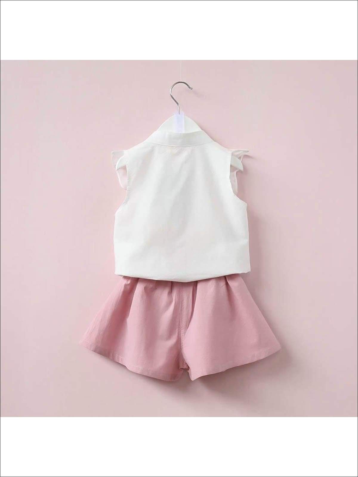 Girls Short Sleeve Floral Embroidered Top & Bow Tie Short Set - Girls Spring Casual Set