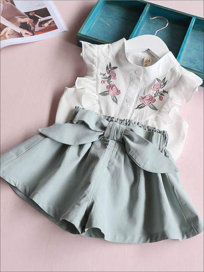 Girls Short Sleeve Floral Embroidered Top & Bow Tie Short Set - Girls Spring Casual Set