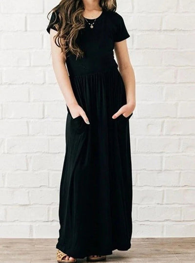 Girls Cute Spring Dresses | Short Sleeve Pockets Pleated Maxi Sundress