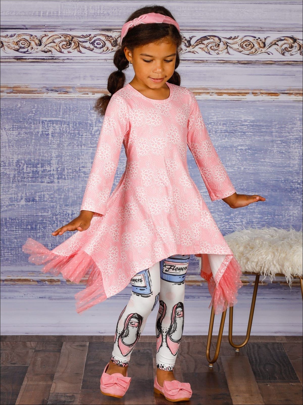 Girls Side Tail Lace Ruffled Tunic & Printed Leggings Set - Girls Fall Casual Set