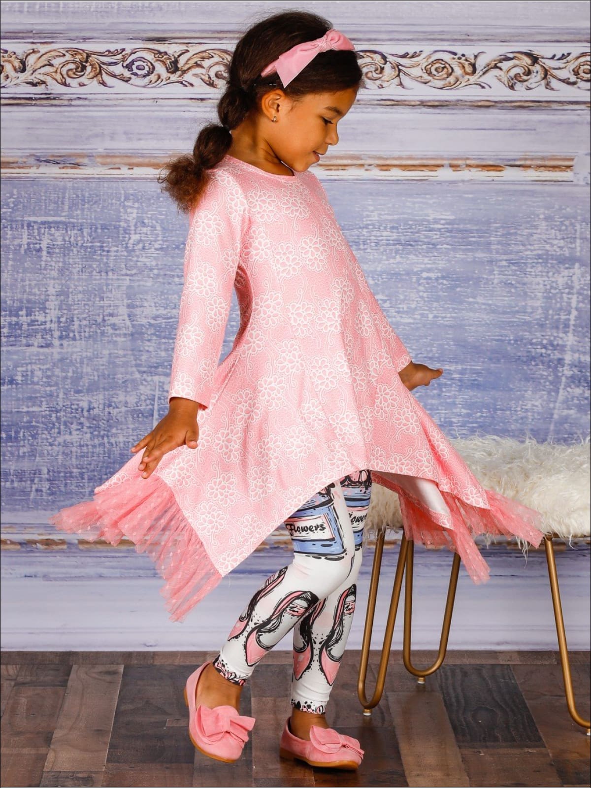 Girls Side Tail Lace Ruffled Tunic & Printed Leggings Set - Girls Fall Casual Set