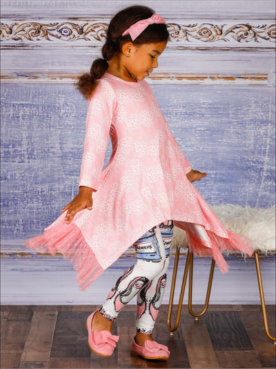 Girls Side Tail Lace Ruffled Tunic & Printed Leggings Set - Girls Fall Casual Set