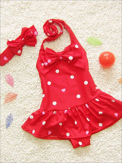 Toddler Swimsuits | Girls Skirted One Piece Swimsuit & Bow Headband