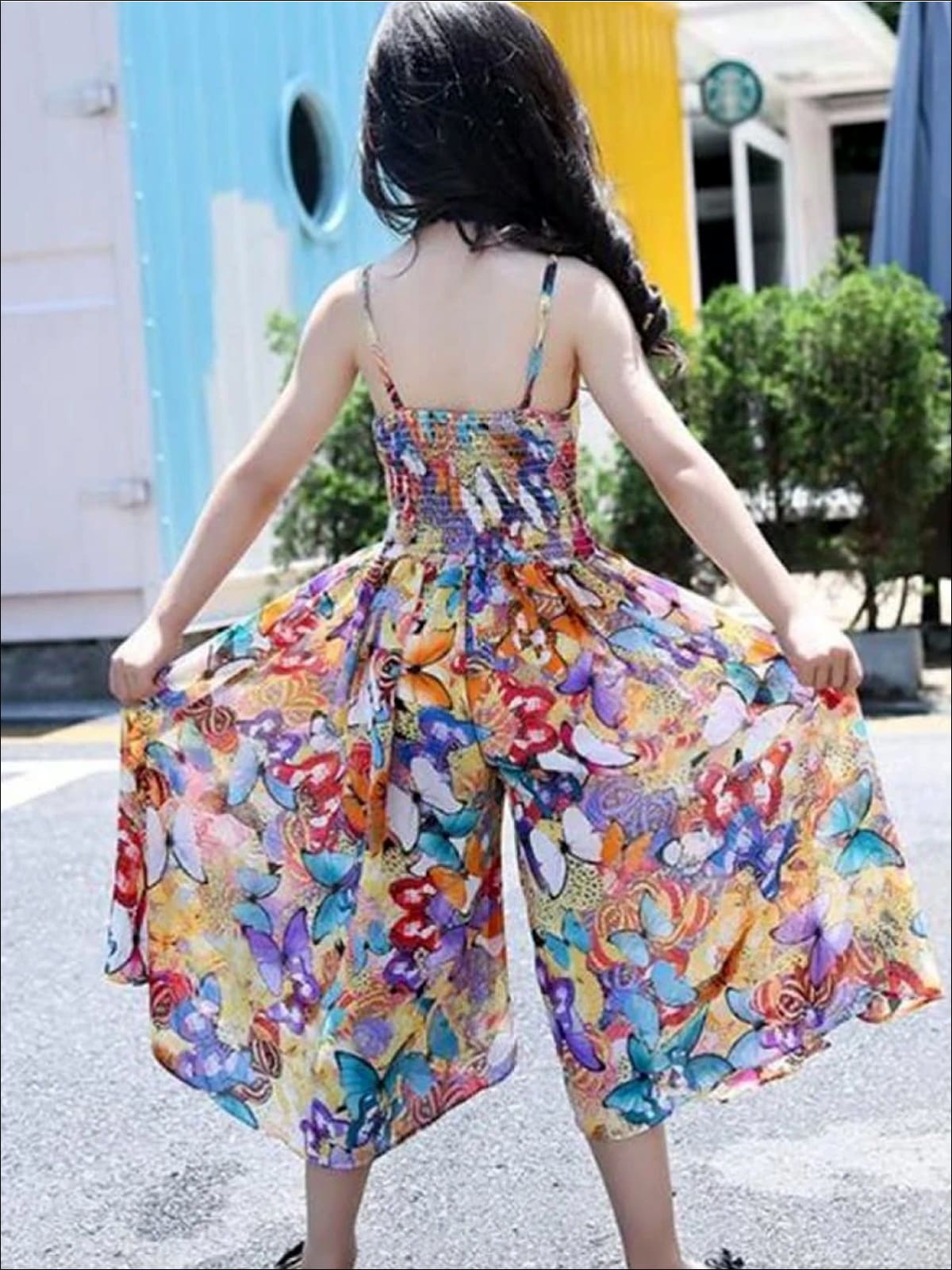 Girls Cute Spring Jumpsuits | Butterfly Smocked Wide Culottes Jumpsuit