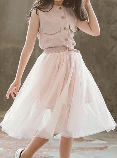 Girls Sleeveless Button Down Tunic & Tulle Skirt Set - Girls Spring Casual Set - Mia Belle Girls 