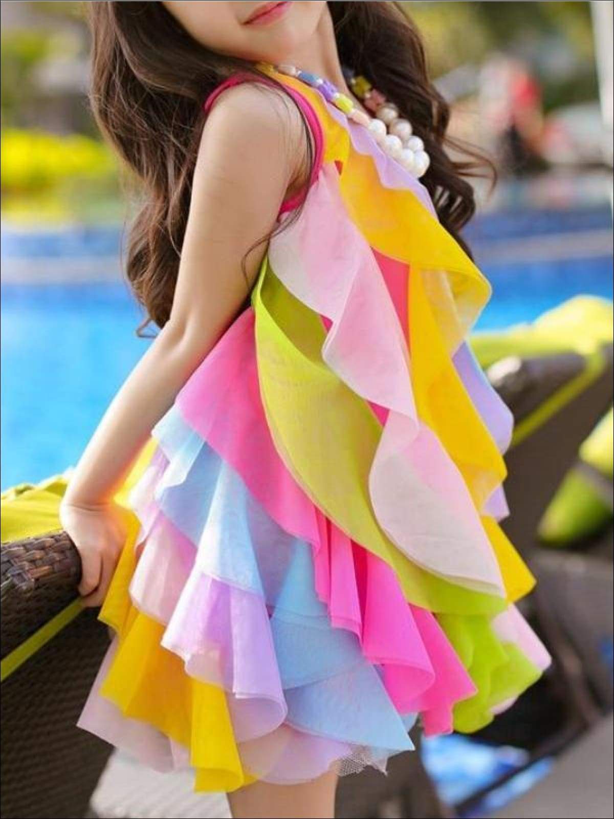 Girls Sleeveless Rainbow Cascading Ruffle Dress with Matching Necklace - Girls Spring Dressy Dress
