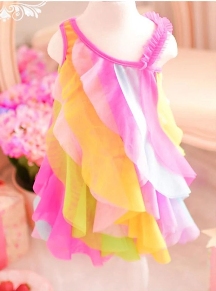 Girls Sleeveless Rainbow Cascading Ruffle Dress with Matching Necklace - Girls Spring Dressy Dress