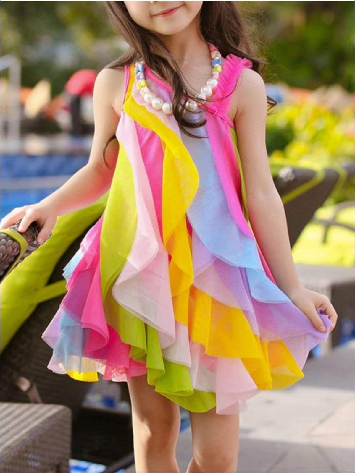 Girls Sleeveless Rainbow Cascading Ruffle Dress with Matching Necklace - Hot Pink w/ Necklace / 3T - Girls Spring Dressy Dress