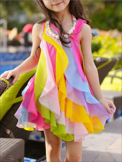 Girls Sleeveless Rainbow Cascading Ruffle Dress with Matching Necklace - Hot Pink w/ Necklace / 3T - Girls Spring Dressy Dress