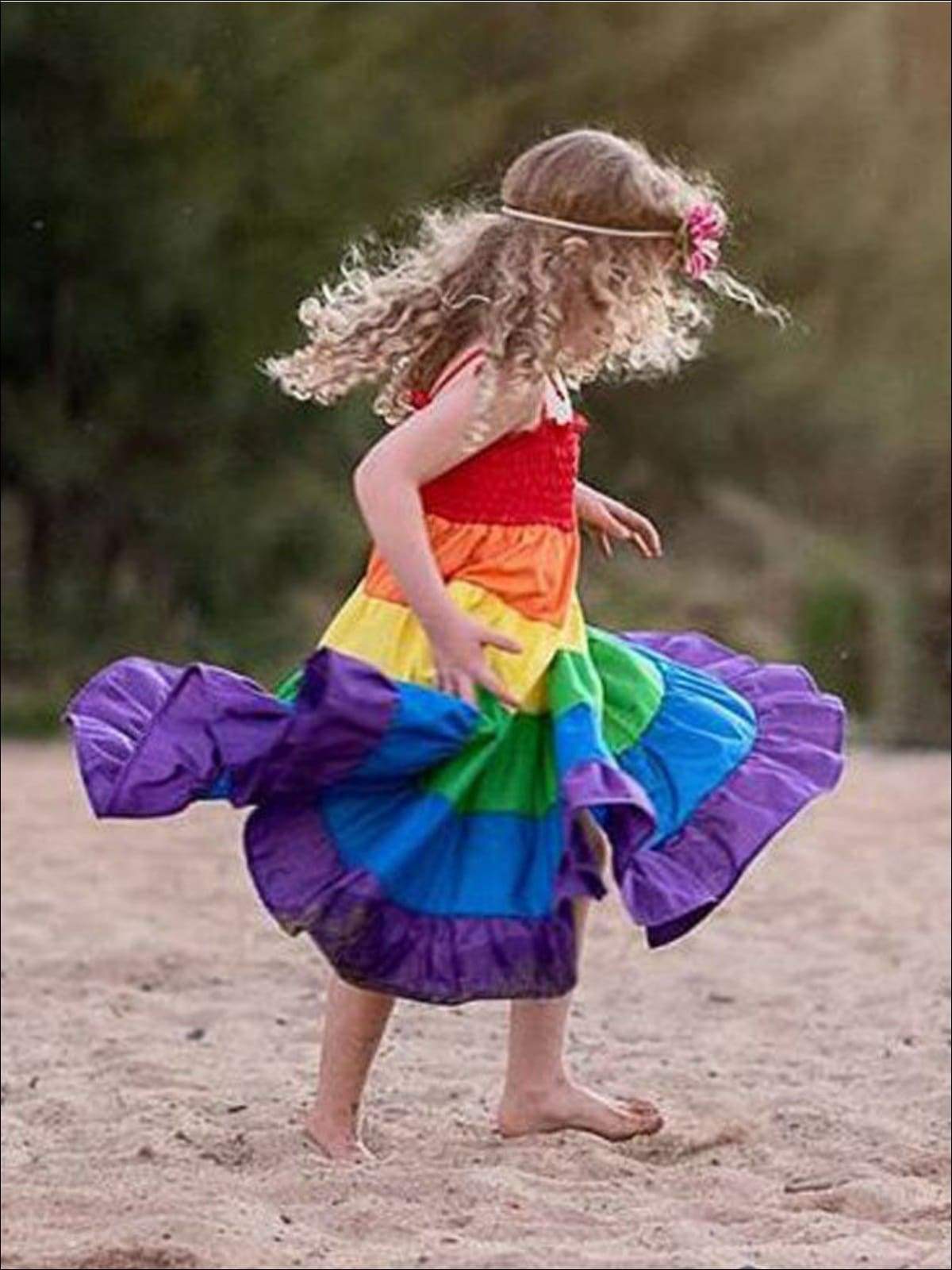 Little girls summer sleeveless rainbow sundress with smocked bodice and adjustable shoulder straps - Mia Belle Girls