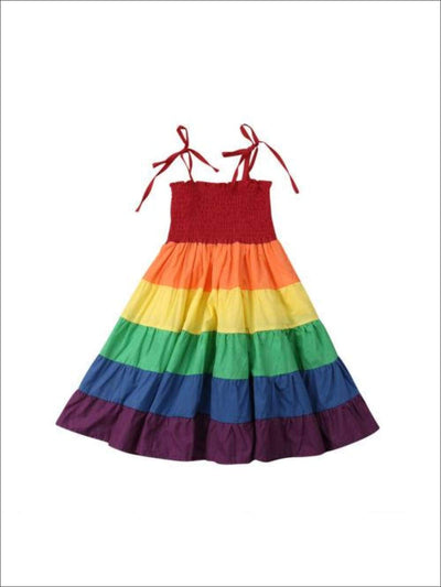 Little girls summer sleeveless rainbow sundress with smocked bodice and adjustable shoulder straps - Mia Belle Girls