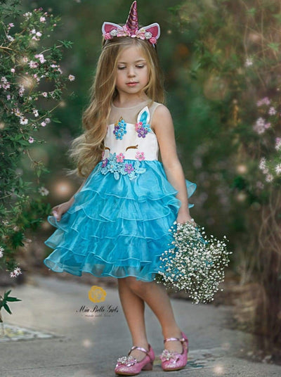 Girls Halloween Costumes | Sleeveless Unicorn Tiered Ruffle Tutu Dress