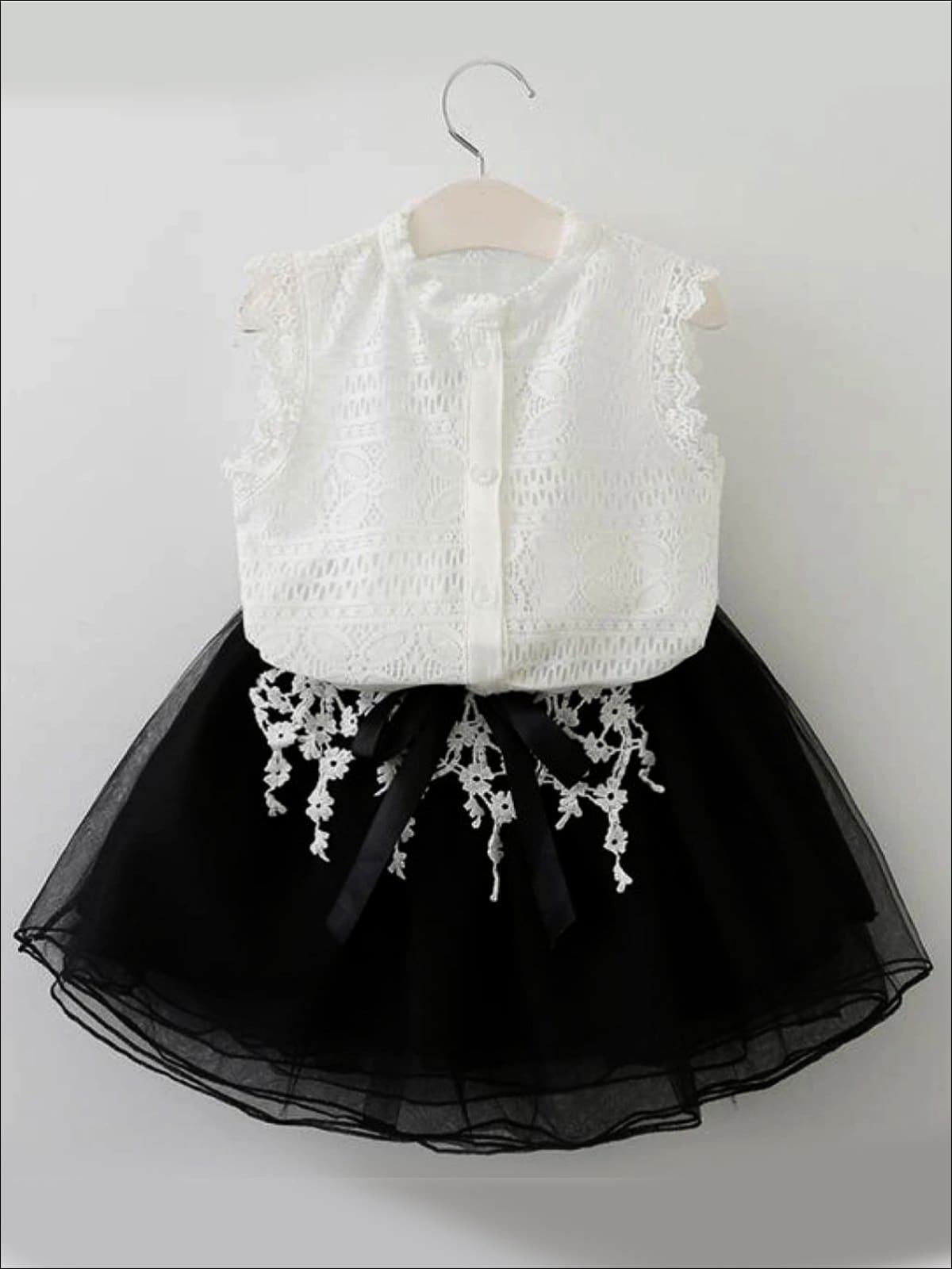 Girls Sleeveless White Button Down Lace Shirt & Black Flower Embroidered Tutu Skirt Set - white / 2T - Girls Spring Dressy Set